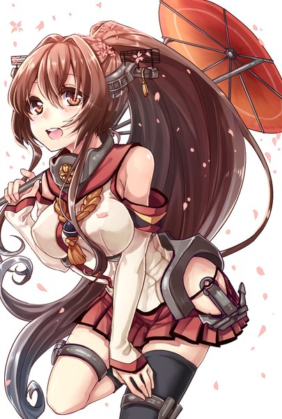 Anime picture 1181x1748 with kantai collection yamato super battleship yuya (night lily) single tall image looking at viewer breasts open mouth simple background brown hair large breasts white background brown eyes ponytail very long hair girl thighhighs skirt hair ornament weapon