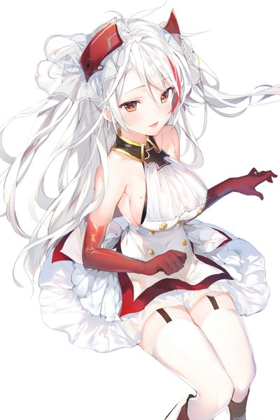 Anime picture 1480x2221 with azur lane prinz eugen (azur lane) umibouzu (niito) single long hair tall image looking at viewer blush fringe breasts open mouth light erotic simple background smile hair between eyes white background sitting bare shoulders brown eyes silver hair