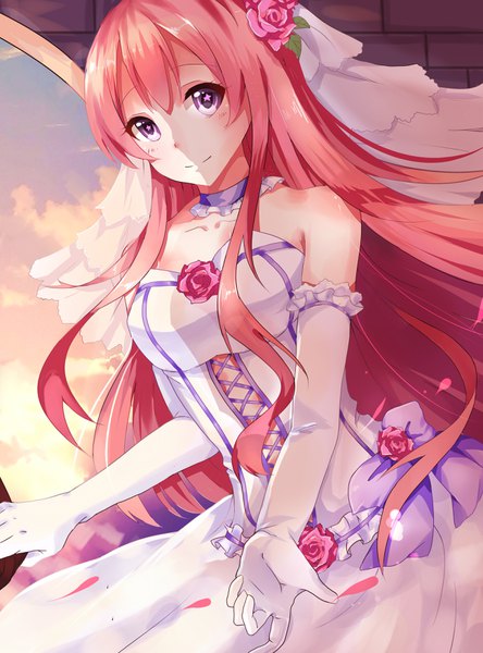 Anime picture 2600x3507 with original mirysa rh single long hair tall image looking at viewer fringe highres hair between eyes purple eyes bare shoulders pink hair cloud (clouds) hair flower light smile wind dutch angle symbol-shaped pupils shaded face outstretched hand