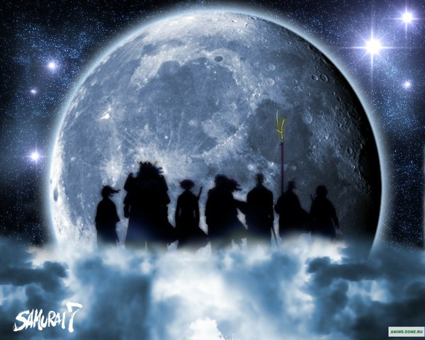 Anime picture 1280x1024 with samurai 7 gonzo kambei shimada kyuzo katsushiro okamoto shichiroji kikuchiyo gorobei katayama heihachi hayashida night wallpaper group silhouette samurai weapon star (stars) planet