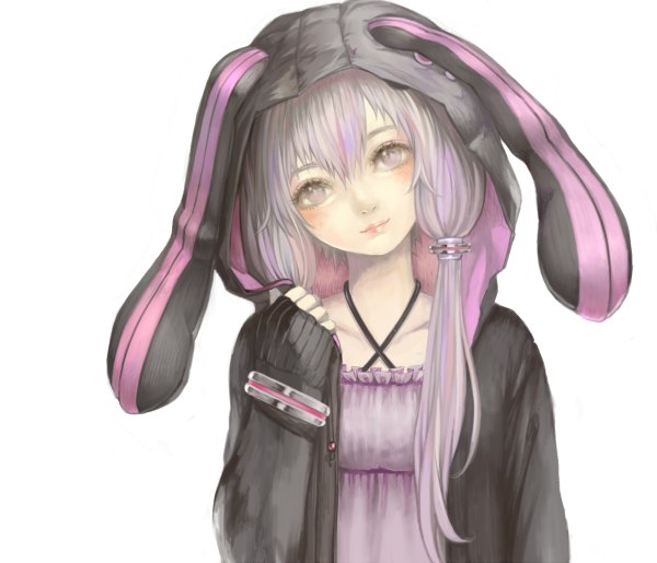 Anime picture 1200x1030 with vocaloid yuzuki yukari ustsugi (me666nm) single long hair looking at viewer blush fringe simple background white background twintails purple eyes animal ears purple hair head tilt multicolored hair light smile bunny ears low twintails adjusting clothes