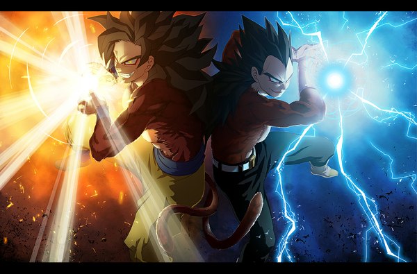 Anime picture 1179x778 with dragon ball dragon ball gt son goku vegeta niwatori (artist) long hair blue eyes black hair smile brown hair yellow eyes tail grin glowing glowing eye (eyes) muscle spiked hair aura boy gloves