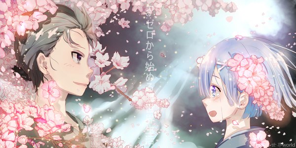 Anime picture 3000x1500 with re:zero kara hajimeru isekai seikatsu white fox rem (re:zero) natsuki subaru shijie world blush fringe highres short hair open mouth blue eyes black hair smile wide image payot blue hair upper body hair flower black eyes inscription