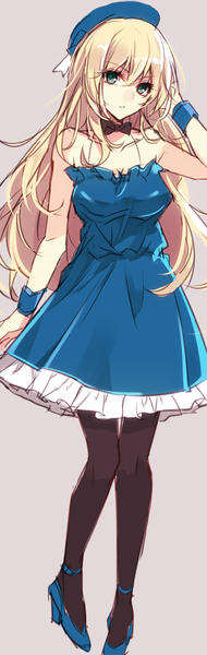 Anime picture 317x1000 with kantai collection atago heavy cruiser aosaki yukina single long hair tall image looking at viewer breasts blue eyes simple background blonde hair bare shoulders high heels alternate costume sleeveless sketch girl dress pantyhose wrist cuffs