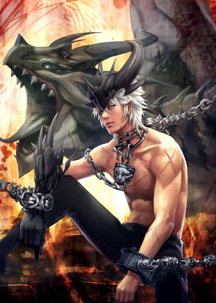 Anime picture 727x1018 with revenge of dragoon tagme (artist) tall image looking at viewer short hair blue eyes sitting white hair horn (horns) teeth fang (fangs) scar bondage sharp teeth boy gloves tongue chain pants helmet