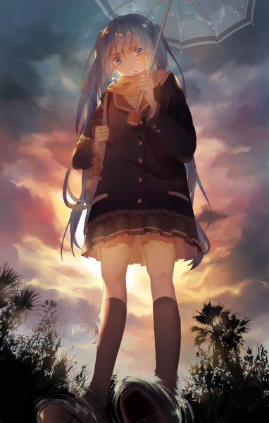 Anime picture 700x1100 with vocaloid hatsune miku sail single long hair tall image looking at viewer fringe blue eyes standing twintails blue hair sky cloud (clouds) pleated skirt sunlight from below tears looking down reflection