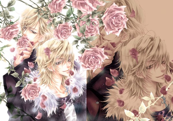 Anime picture 1675x1177 with katekyou hitman reborn dino cavallone hina long hair blonde hair smile brown eyes mouth hold back to back multiple persona boy flower (flowers) petals rose (roses)
