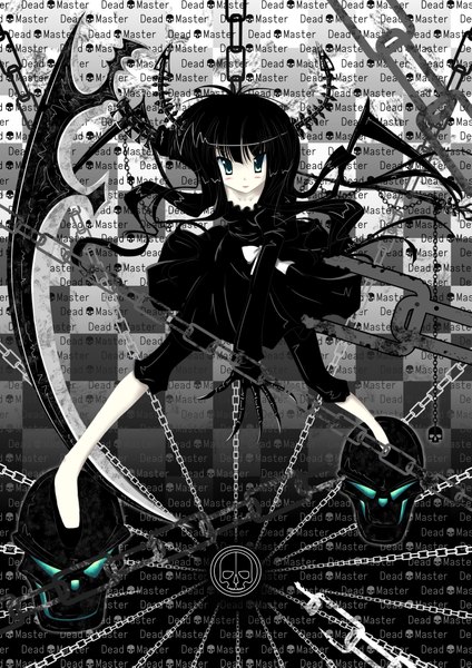 Anime picture 2894x4093 with black rock shooter dead master shirakawako single long hair tall image highres blue eyes black hair horn (horns) checkered background girl weapon chain skull scythe