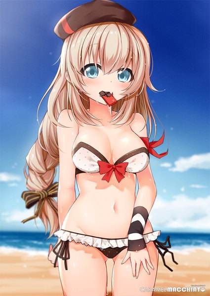 Anime picture 725x1024 with girls frontline fn fnc (girls frontline) macchiato (jae-min cho) single long hair tall image looking at viewer blush fringe breasts blue eyes light erotic blonde hair hair between eyes large breasts signed sky cleavage cloud (clouds) outdoors