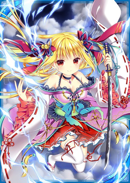 Anime picture 640x896 with shinkai no valkyrie takemikazuchi pooh (pooh piyo) single long hair tall image looking at viewer blush blonde hair smile red eyes twintails bare shoulders holding sky cloud (clouds) full body bent knee (knees) long sleeves traditional clothes