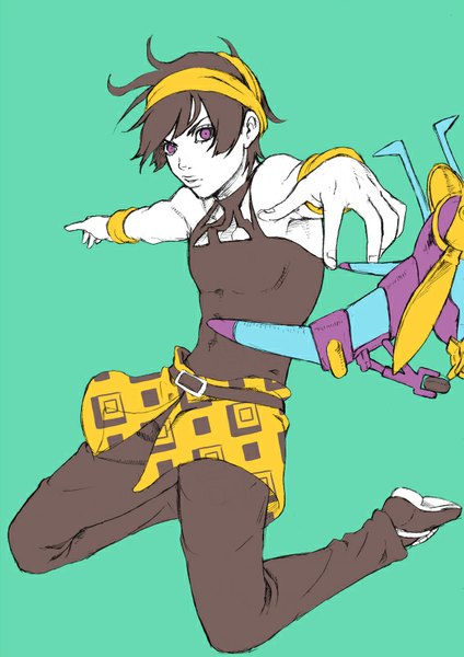 Anime picture 566x800 with jojo no kimyou na bouken narancia ghirga aerosmith (stand) chounorin single tall image looking at viewer short hair black hair simple background purple eyes bare shoulders spread arms jumping green background stand (jojo) boy belt hairband wristlet