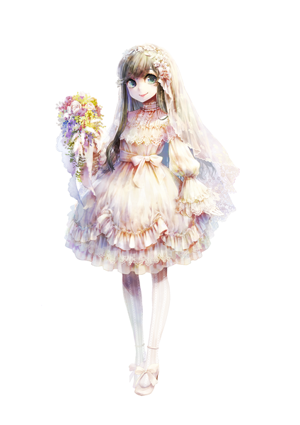 Anime picture 868x1227 with yukino neko single long hair tall image fringe blue eyes simple background smile white background holding looking away lips wedding girl flower (flowers) bow pantyhose bouquet lace wedding veil