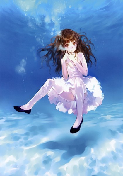 Anime picture 2441x3490 with original kishida mel tall image highres light erotic brown hair brown eyes pantyshot sitting underwater girl thighhighs underwear panties white thighhighs sundress bubble (bubbles)