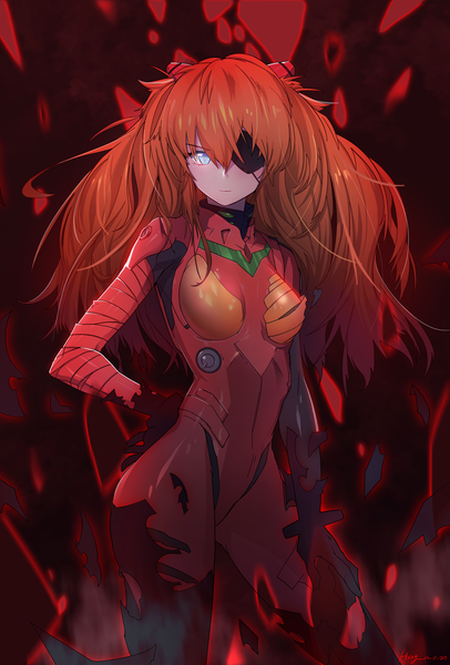 Anime picture 1500x2213 with neon genesis evangelion rebuild of evangelion gainax soryu asuka langley shikinami asuka langley hxxg single long hair tall image blue eyes orange hair glowing girl hair ornament bodysuit eyepatch pilot suit