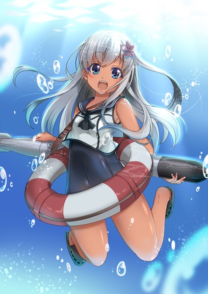 Anime picture 2480x3507 with kantai collection ro-500 submarine sesield (artist) single long hair tall image highres open mouth blue eyes smile silver hair bent knee (knees) hair flower sunlight underwater girl flower (flowers) swimsuit one-piece swimsuit bubble (bubbles)