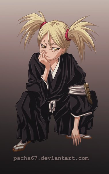 Anime picture 1024x1621 with bleach studio pierrot sarugaki hiyori pacha67 single tall image short hair simple background blonde hair twintails brown eyes japanese clothes arm support coloring short twintails squat girl belt kimono