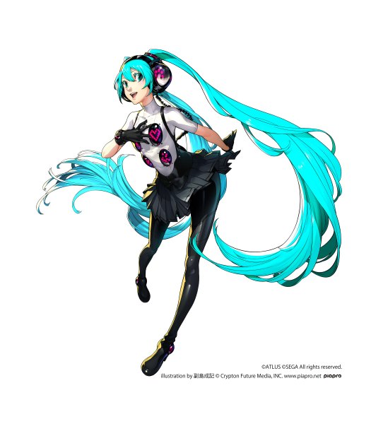 Anime picture 2100x2400 with persona 4 persona persona 4: dancing all night vocaloid hatsune miku soejima shigenori single tall image looking at viewer fringe highres open mouth smile standing twintails signed very long hair pleated skirt aqua eyes aqua hair
