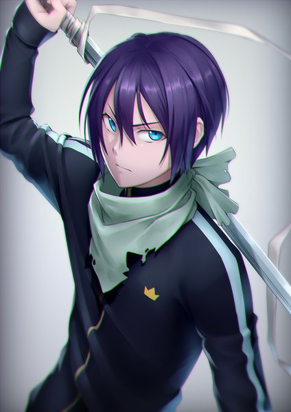 Anime picture 707x1000 with noragami studio bones yato (noragami) kai (link2262) single tall image looking at viewer fringe short hair blue eyes simple background white background holding purple hair upper body grey background gradient background angry boy uniform