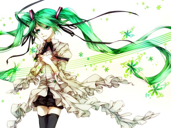 Anime picture 1000x750 with vocaloid hatsune miku matsunaka hiro single long hair standing twintails green eyes very long hair green hair wind alternate costume hands clasped weightlessness girl thighhighs dress skirt hair ornament flower (flowers)