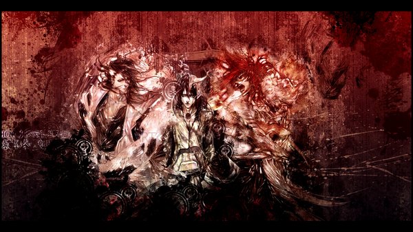 Anime picture 1920x1080 with bleach studio pierrot ulquiorra schiffer kuchiki byakuya abarai renji offrecord (rae) long hair looking at viewer highres open mouth black hair wide image looking away red hair horn (horns) multiple boys monochrome red background framed battle