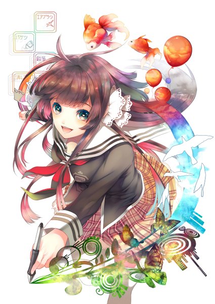 Anime picture 1000x1412 with original tenryou sena long hair tall image looking at viewer blush open mouth brown hair white background plaid skirt girl animal serafuku bird (birds) insect butterfly fish (fishes) balloon pen