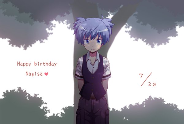 Anime picture 1600x1080 with ansatsu kyoushitsu shiota nagisa kimi single looking at viewer fringe blue eyes simple background twintails blue hair ahoge outdoors character names short twintails hands behind back open collar happy birthday boy plant (plants) shirt