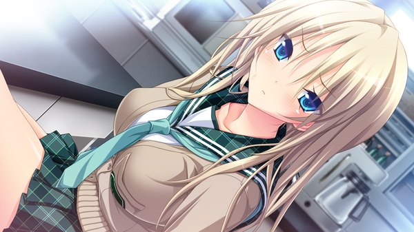 Anime picture 1280x720 with hapymaher purple software yayoi b lutwidge koku single long hair looking at viewer blush blue eyes wide image game cg white hair girl uniform school uniform necktie