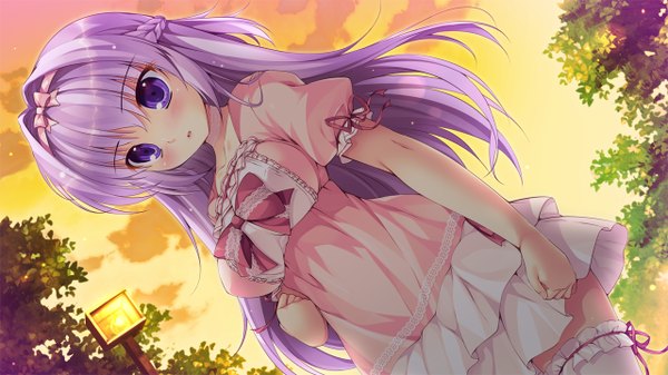 Anime picture 1280x720 with hyakugojuunenme no mahoutsukai pink chuchu (artbook) hoshioki marika mikeou single long hair looking at viewer blush fringe breasts wide image large breasts standing purple eyes purple hair cloud (clouds) evening sunset girl thighhighs