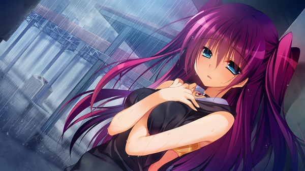 Anime picture 2560x1440 with innocent girl ousaka kanae nanaka mai single long hair looking at viewer highres blue eyes wide image bare shoulders game cg purple hair rain girl