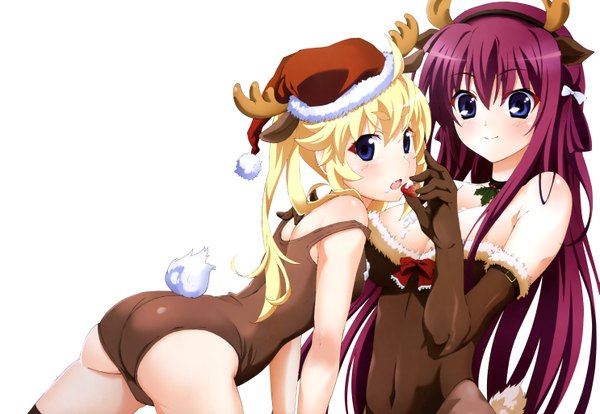 Anime picture 5937x4104 with grisaia no kajitsu suou amane matsushima michiru long hair looking at viewer blush highres blue eyes light erotic blonde hair simple background smile white background twintails multiple girls absurdres purple hair horn (horns) fur trim girl