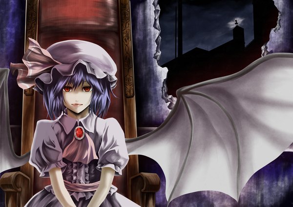 Anime picture 1500x1061 with touhou flandre scarlet remilia scarlet tn (nakamatic-arsenal) single short hair red eyes blue hair lips bat wings girl dress hat wings