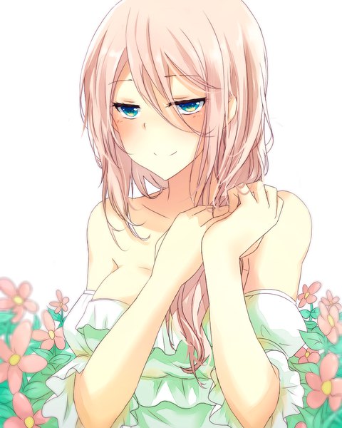 Anime picture 1024x1280 with original isumi (yangyan) single long hair tall image looking at viewer blush fringe blue eyes simple background smile hair between eyes white background bare shoulders pink hair cleavage upper body aqua eyes blurry puffy sleeves