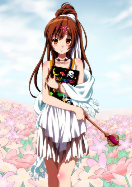 Anime picture 1158x1637 with chuunibyou demo koi ga shitai! kyoto animation nibutani shinka kaze makase single long hair tall image looking at viewer blush red eyes brown hair ponytail girl dress hair ornament flower (flowers) hairclip