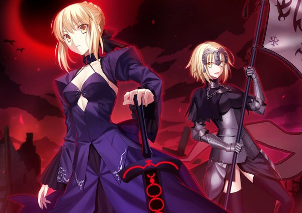 Anime picture 2003x1418 with fate (series) fate/grand order fate/apocrypha type-moon artoria pendragon (all) jeanne d'arc (fate) (all) saber alter jeanne d'arc (fate) fuyuki (neigedhiver) looking at viewer highres short hair open mouth blonde hair multiple girls yellow eyes sky cloud (clouds) red moon girl