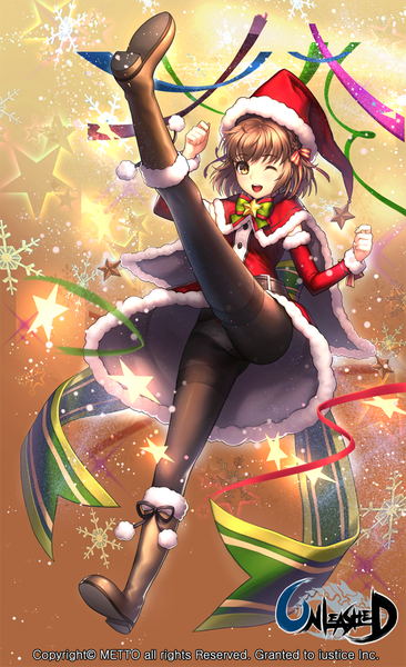 Anime picture 733x1200 with unleashed metto single tall image blush short hair open mouth light erotic brown hair brown eyes one eye closed wink sparkle pantyshot legs fur trim christmas soles merry christmas girl