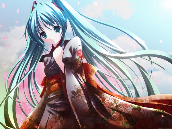 Anime picture 1600x1200 with vocaloid hatsune miku long hair twintails japanese clothes aqua eyes aqua hair cherry blossoms girl yukata