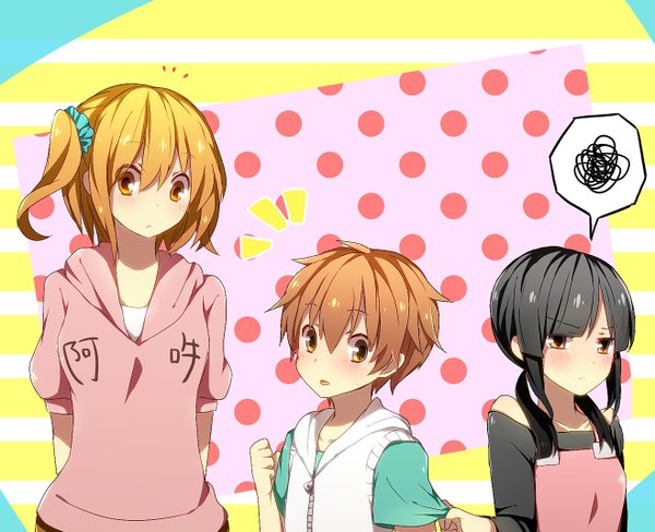 Anime picture 1317x1072 with kagerou project shaft (studio) kisaragi momo amamiya hibiya asahina hiyori harusawa long hair blush short hair black hair blonde hair brown hair twintails multiple girls brown eyes yellow eyes looking away one side up polka dot polka dot background