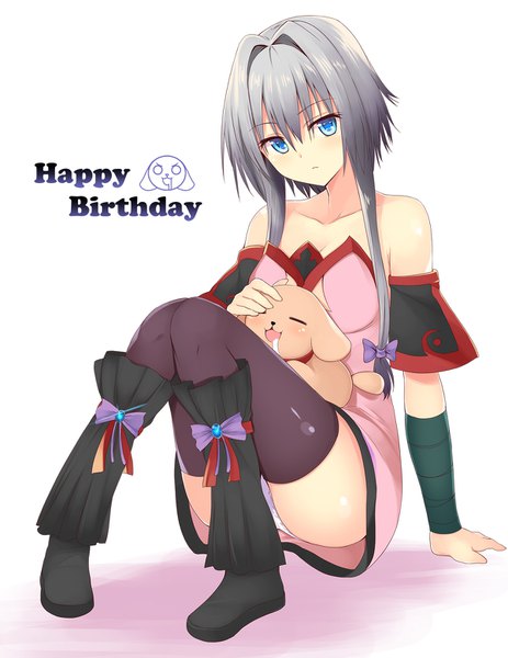 Anime picture 1200x1552 with original mahcdai single tall image looking at viewer fringe short hair light erotic simple background hair between eyes white background sitting bare shoulders payot full body head tilt grey hair inscription arm support pantyshot
