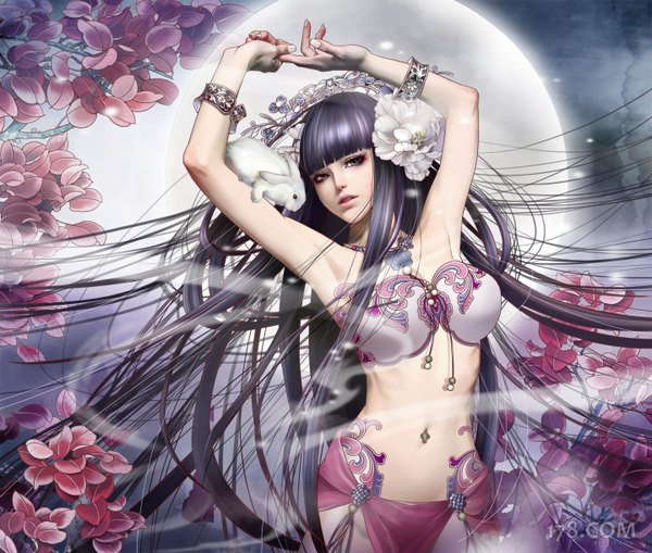 Anime picture 1440x1222 with journey to the west zhang xiao bai single long hair looking at viewer blue eyes black hair parted lips hair flower realistic arms up midriff girl navel hair ornament flower (flowers) petals bunny