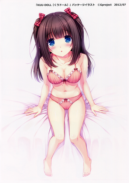 Anime picture 2124x3007 with sayori single long hair tall image looking at viewer blush highres blue eyes light erotic black hair white background scan underwear only girl navel underwear panties bow hair bow lingerie