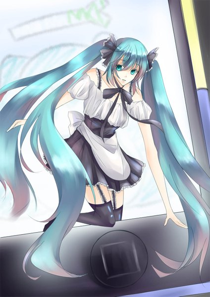 Anime picture 1200x1697 with vocaloid ipod hatsune miku tagme (artist) single tall image twintails bare shoulders very long hair aqua eyes aqua hair girl thighhighs dress skirt bow black thighhighs apron