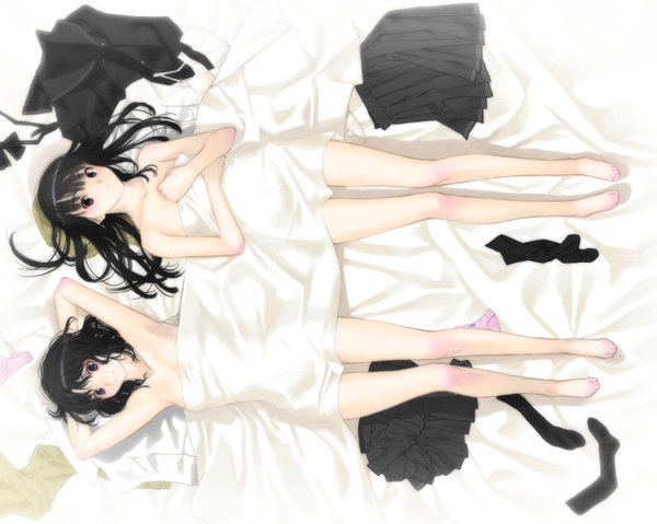 Anime picture 1280x1022 with amagami ayatsuji tsukasa tanamachi kaoru sakamoto mineji long hair blue eyes light erotic black hair smile multiple girls lying barefoot nude black eyes armpit (armpits) sideways girl skirt 2 girls socks