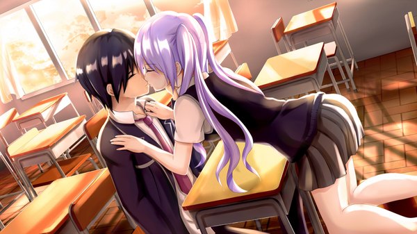 Anime picture 1920x1080 with original xyomouse long hair blush highres short hair black hair wide image twintails white hair eyes closed couple kiss girl boy uniform school uniform desk