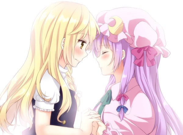 Anime picture 1750x1300 with touhou kirisame marisa patchouli knowledge etou (cherry7) long hair blush highres simple background blonde hair white background multiple girls yellow eyes purple hair eyes closed face to face almost kiss girl dress bow 2 girls