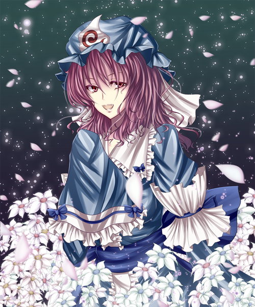 Anime picture 1000x1200 with touhou saigyouji yuyuko mako1984 single tall image looking at viewer short hair open mouth pink hair pink eyes girl dress flower (flowers) petals bonnet