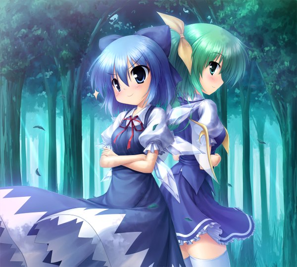 Anime picture 1250x1125 with touhou cirno daiyousei takeponi short hair blue eyes multiple girls green eyes blue hair green hair girl thighhighs dress bow 2 girls plant (plants) hair bow white thighhighs wings tree (trees)
