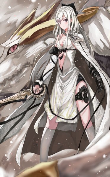 Anime picture 1000x1612 with drakengard zero (drag-on dragoon) echj long hair tall image looking at viewer blush brown eyes white hair flower over eye girl dress navel flower (flowers) bow weapon hair bow sword belt thigh strap