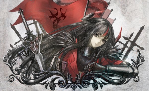 Anime picture 1500x921 with original pixiv fantasia pixiv fantasia fallen kings infukun single long hair looking at viewer black hair wide image horn (horns) black eyes girl gloves weapon sword armor banner