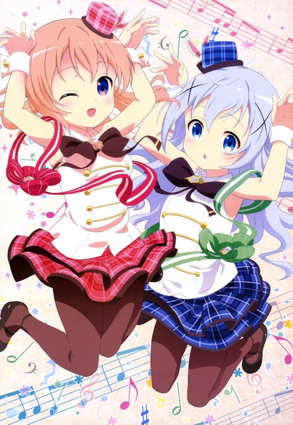 Anime picture 4079x5904 with gochuumon wa usagi desu ka? white fox nyantype kafuu chino hoto cocoa long hair tall image blush highres open mouth blue eyes purple eyes multiple girls blue hair absurdres one eye closed wink orange hair official art loli