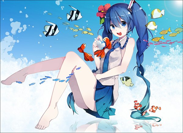 Anime picture 1098x800 with vocaloid hatsune miku dasulchan single long hair blush open mouth blue eyes twintails blue hair barefoot hair flower legs girl skirt hair ornament miniskirt necktie fish (fishes)